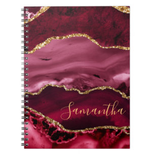 Red and Faux Gold Glitter Marble Agate Notebook