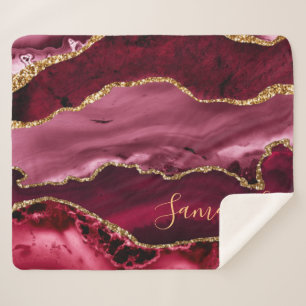 Red and Faux Gold Glitter Marble Agate Sherpa Blanket