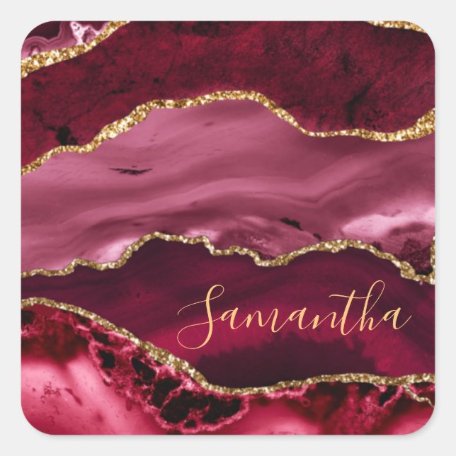 Red and Faux Gold Glitter Marble Agate Square Sticker (Front)