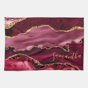 Red and Faux Gold Glitter Marble Agate Tea Towel