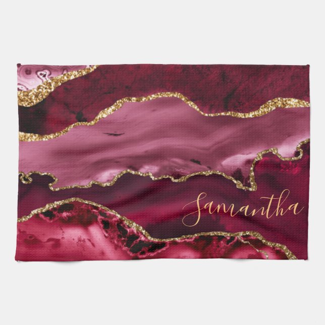 Red and Faux Gold Glitter Marble Agate Tea Towel (Horizontal)