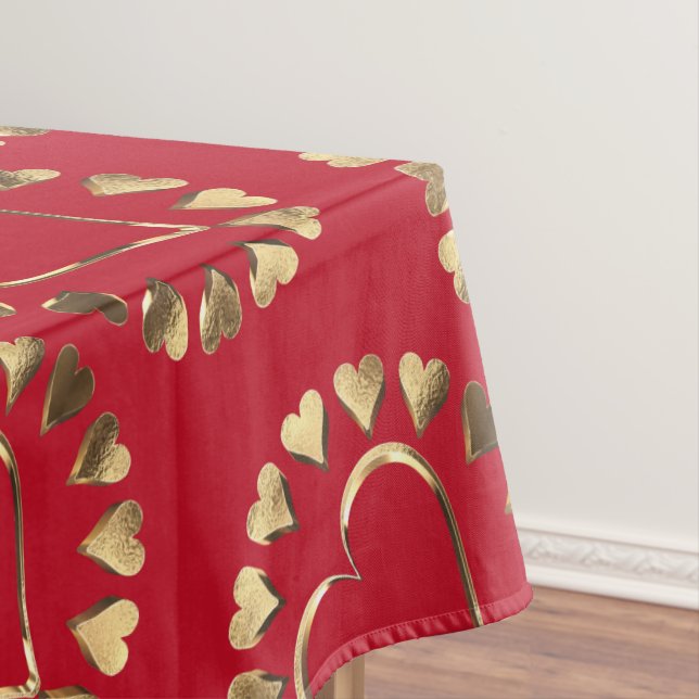 Red and Faux Gold Hearts Romantic Valentine Tablecloth (In Situ)
