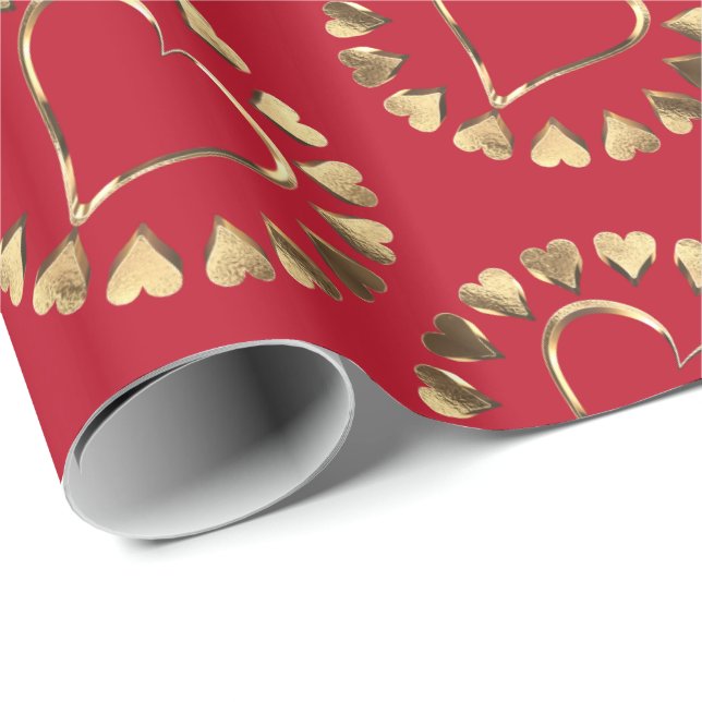 Red and Faux Gold Hearts Romantic Valentine Wrapping Paper (Roll Corner)