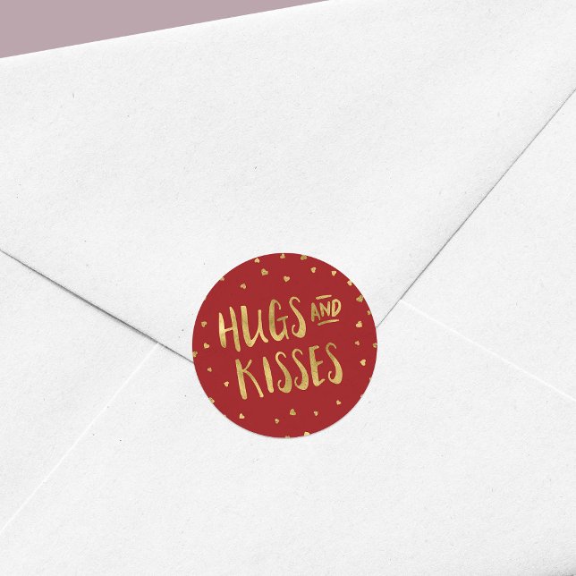 Red and Faux Gold Hugs & Kisses Hearts Valentine Classic Round Sticker (Creator Uploaded)