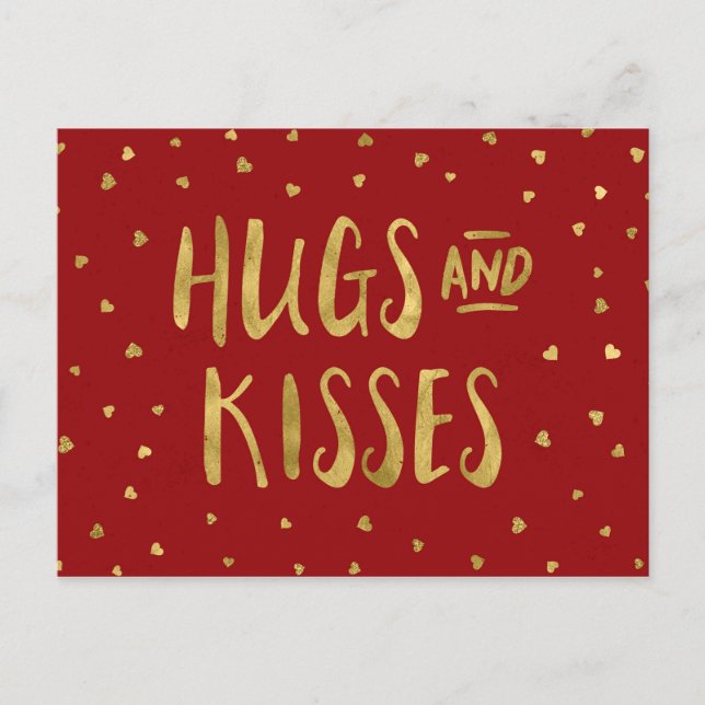 Red and Faux Gold Hugs & Kisses Hearts Valentine Holiday Postcard (Front)