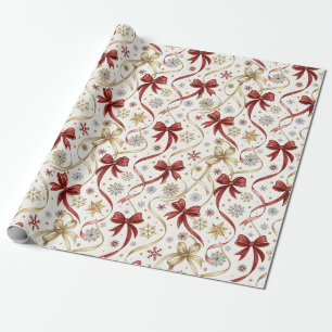 Red and Faux Gold Ribbons Bows Christmas Holiday Wrapping Paper