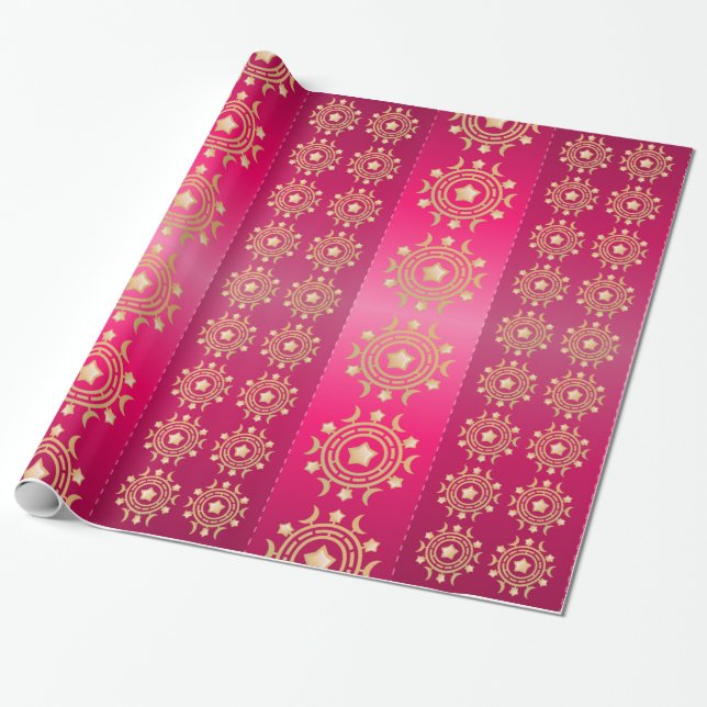 Red and Fuchsia Stripes with Gold Moons and Stars Wrapping Paper (Unrolled)