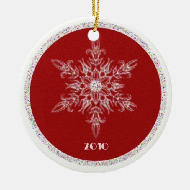 Red and glitter snowflake ceramic tree decoration (Front)