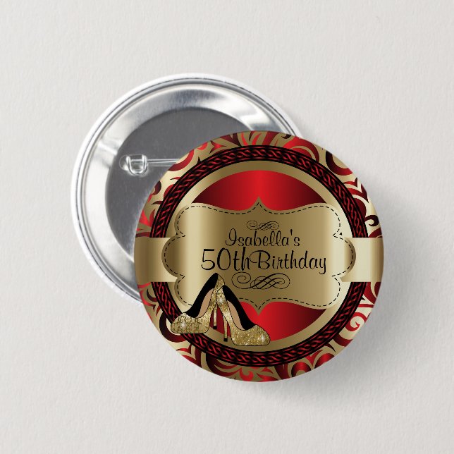 Red and Gold 00th Birthday with Gold High Heels 6 Cm Round Badge (Front & Back)