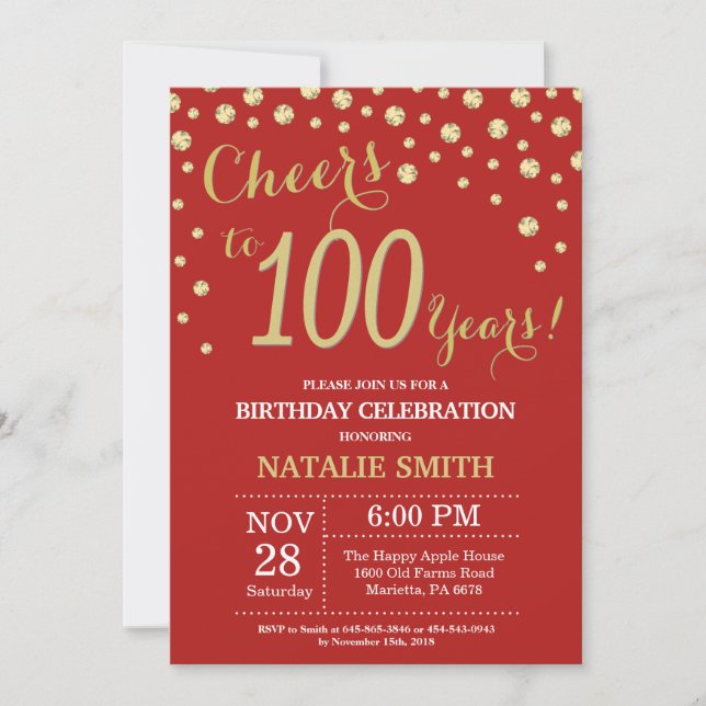 Red and Gold 100th Birthday Diamond Invitation (Front)