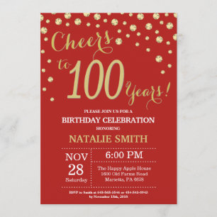 Red and Gold 100th Birthday Diamond Invitation