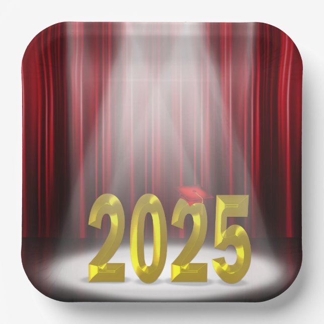 Red and Gold 2025 Graduation in Spotlight  Paper Plate (Front)