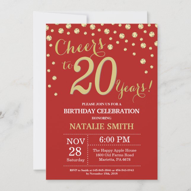 Red and Gold 20th Birthday Diamond Invitation (Front)