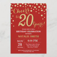 Red and Gold 20th Birthday Diamond Invitation