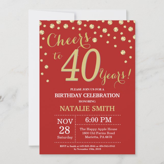 Red and Gold 40th Birthday Diamond Invitation (Front)