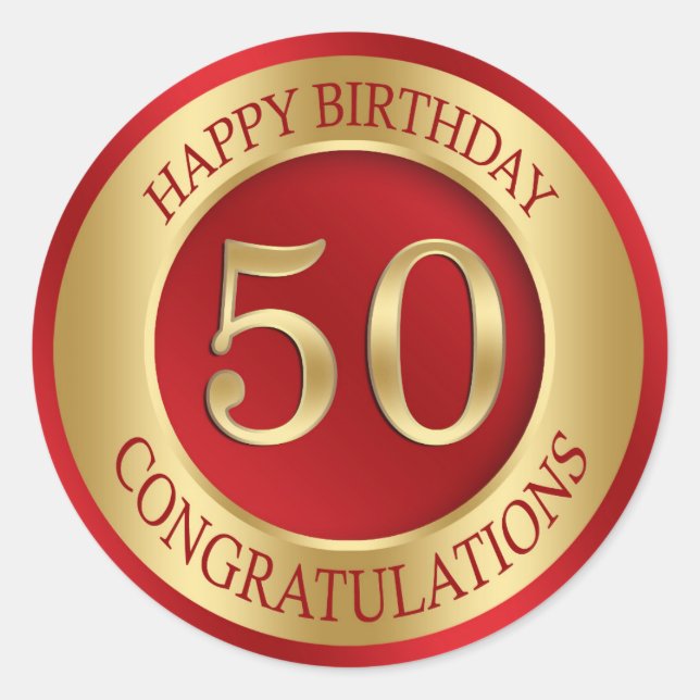 Red and gold 50th Birthday Classic Round Sticker (Front)