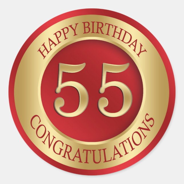 Red and gold 55th Birthday Classic Round Sticker (Front)