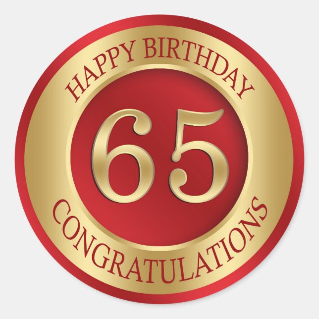 Red and gold 65th Birthday Classic Round Sticker (Front)