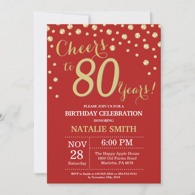 Red and Gold 80th Birthday Diamond Invitation (Front)