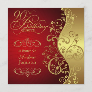Red and Gold 90th Birthday Party Invitation