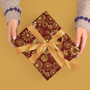 Red And Gold Abstract Christmas Snowflakes 2 Wrapping Paper
