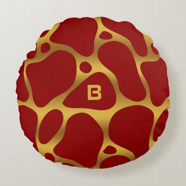 Red and gold abstract giraffe pattern round cushion (Front)