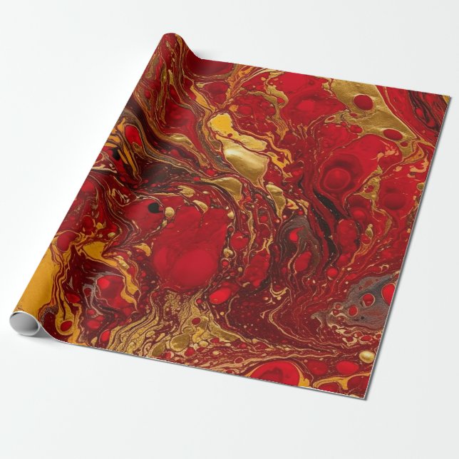 Red and Gold Acrylic Pour Seamless Wrapping Paper (Unrolled)
