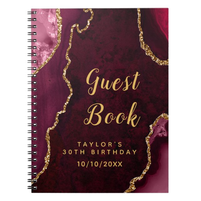 Red and Gold Agate Birthday Guest Book (Front)