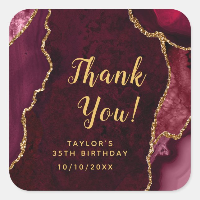 Red and Gold Agate Birthday Thank You Square Sticker (Front)