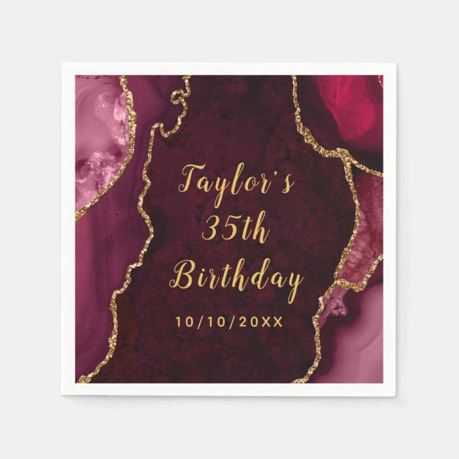 Red and Gold Agate Marble Birthday Napkin (Front)