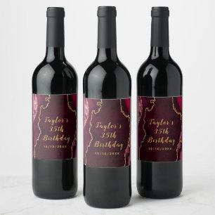 Red and Gold Agate Marble Birthday Wine Label
