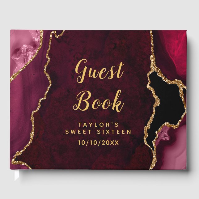Red and Gold Agate Marble Sweet Sixteen Guest Book (Front)