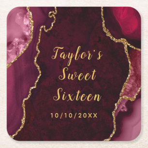 Red and Gold Agate Marble Sweet Sixteen Square Paper Coaster