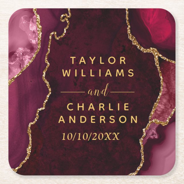 Red and Gold Agate Marble Wedding Square Paper Coaster (Front)