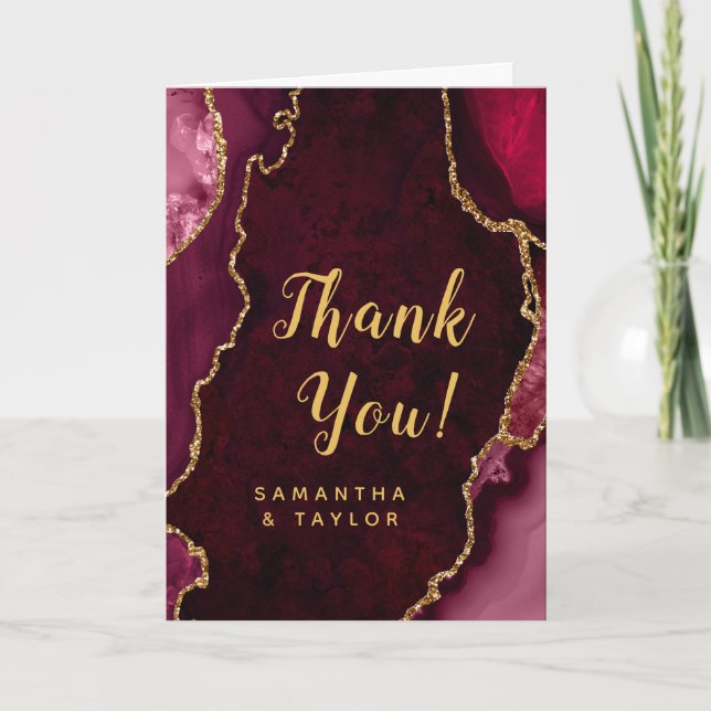 Red and Gold Agate Marble Wedding Thank You Card (Front)