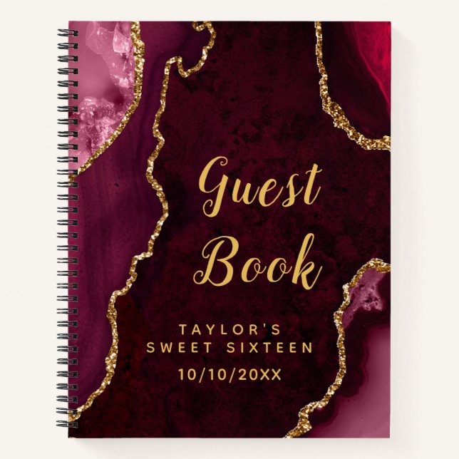 Red and Gold Agate Sweet Sixteen Guest Book (Front)