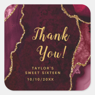 Red and Gold Agate Sweet Sixteen Thank You Square Sticker