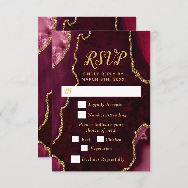 Red and Gold Agate Wedding Meal Choice RSVP Card (Front/Back)