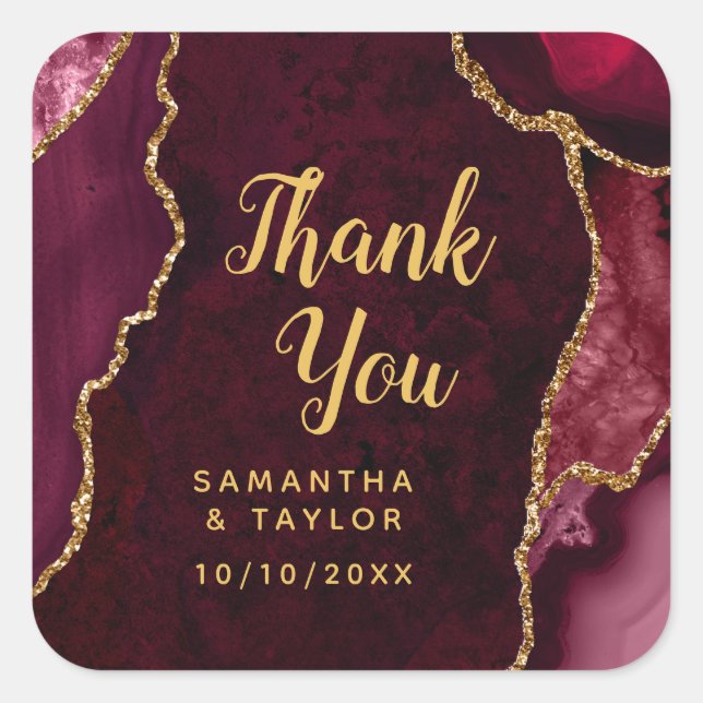 Red and Gold Agate Wedding Thank You Square Sticker (Front)