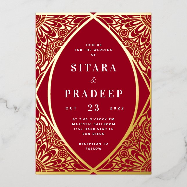 Red and Gold Arabesque Foil Invitation (Front)