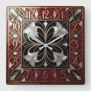 Red and Gold Art Deco Luxury Mother of Pearl Square Wall Clock