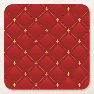 Red and Gold Art Nouveau Pattern Square Paper Coaster