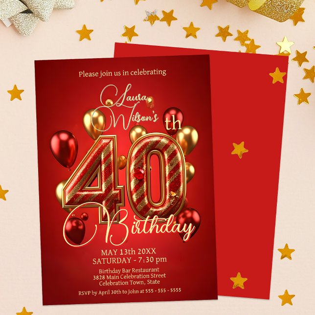 Red and Gold Balloons 40th Birthday Celebration Invitation (Creator Uploaded)