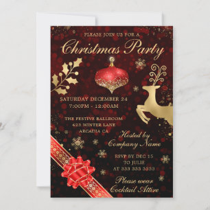 Red and Gold Bauble & Ribbon Christmas Party Invitation