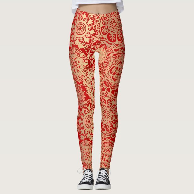 Red and Gold Boho Mandala Pattern Yoga Leggings (Front)