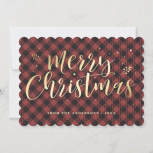 Red and Gold Buffalo Plaid Typography Holiday Card
