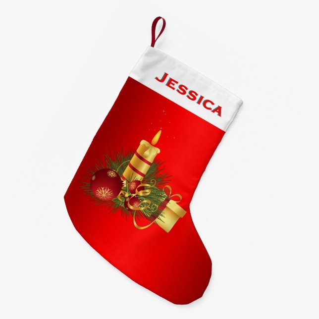Red and Gold Candle Christmas Name Small Christmas Stocking (Front (Hanging))