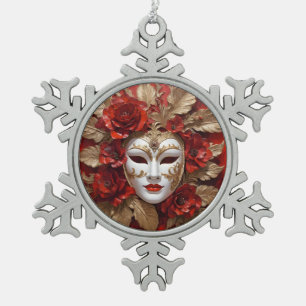 Red and gold carnival mask snowflake pewter christmas ornament