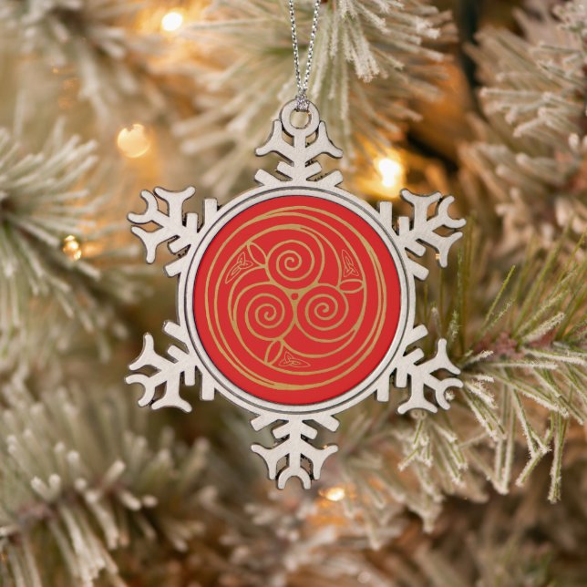 Red and Gold Celtic Mandala  Snowflake Pewter Christmas Ornament (Tree)