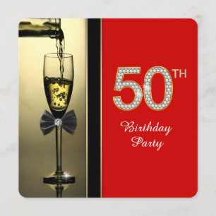 Red and Gold Champagne Red 50th Birthday Party Invitation